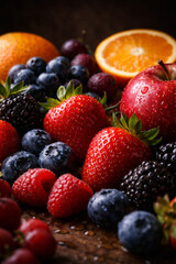 Obraz premium A vibrant close-up of a colorful assortment of fresh berries, citrus, and other fruits, showcasing their natural beauty and healthy appeal.