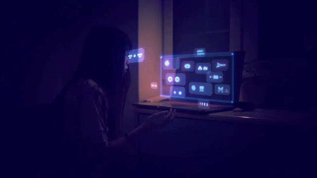 Teenage girl sitting alone desk in dark bedroom night computer screen neon LED lights, rain window in background reflecting neon glow, cinematic moody lighting, soft reflections, shallow depth