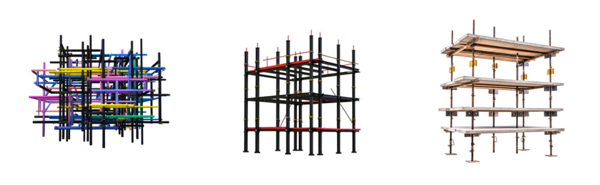 Diverse scaffolding and structural frameworks featuring colorful abstract pipe networks, industrial steel beams, and robust concrete slab supports illustrate the complexity of modern