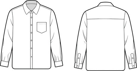 Front and back view technical fashion illustration of long sleeve button up shirt with chest pocket classic casual apparel design