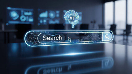 Futuristic AI Search Bar Interface with Digital Brain and Glowing Circuitry for Artificial Intelligence, Machine Learning, and Big Data Technology Concepts in a Modern Office.