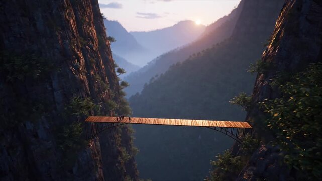 Wooden bridge connecting two rugged cliffs at sunrise, soft sunlight filters through mist, valley below illuminated, gentle wind moves plants, birds flying, cinematic slow pan from close-up to wide