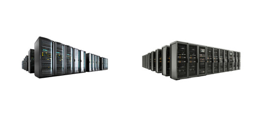 Rows of powerful server racks with glowing lights represent advanced data processing and cloud computing infrastructure, ideal for technology presentations or industry related marketing
