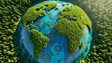 Perfect circular planet Earth seen from top-down, continents sculpted from dense dark-green forest canopy