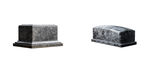 Pair of uncarved granite tombstones with distinct shapes, one rectangular and one rounded, ideal for solemn remembrance projects or historical grave site visualizations.