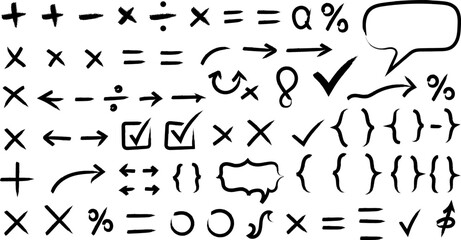 A diverse collection of hand-drawn doodle symbols for various annotations and mathematical expressions