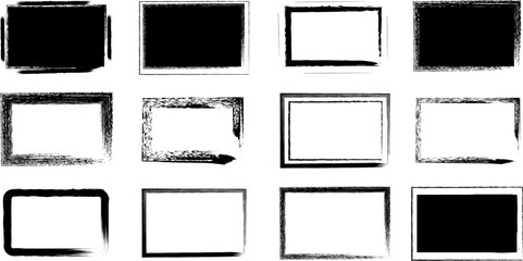 Collection of distressed grunge brush stroke frames and black rectangular shapes