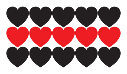 Grid of black and red heart icons in rows and columns on a white background vector