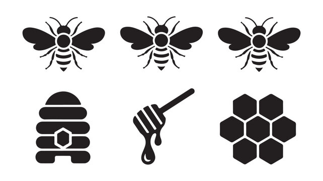 Bee icon set vector illustration isolated on white background, beehive honeycomb honey dipper and insect