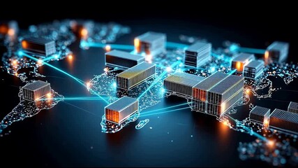 3D render global logistics supply chain shipping containers, digital circuit map with glowing network connections background, smart shipping cargo tracking and import export trade technology video foo - Powered by Adobe