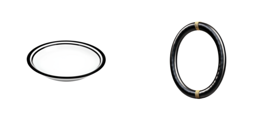 Sleek white enamel bowl with a contrasting black rim next to a sophisticated black oval bangle featuring intricate gold rope details, ideal for elegant product showcases and lifestyle