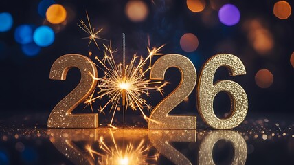Sparkling golden numbers for a festive New Year's 2026 celebration, reflecting joy and anticipation on a glittery background with bokeh lights