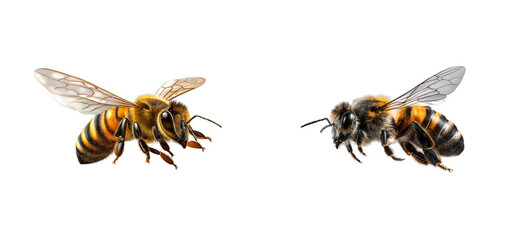 Two fuzzy striped honey bees with translucent wings facing each other, symbolizing teamwork, pollination, and ecological importance for scientific, educational, and environmental projects.