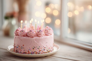 Festive pink cake for a birthday on a white plate with soft lighting