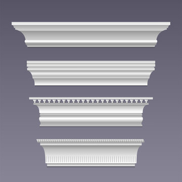White wall baseboards set isolated on background. Vector realistic illustration of cornice molding design, wooden plinth samples for interior or building facade decoration, decorative skirting panel