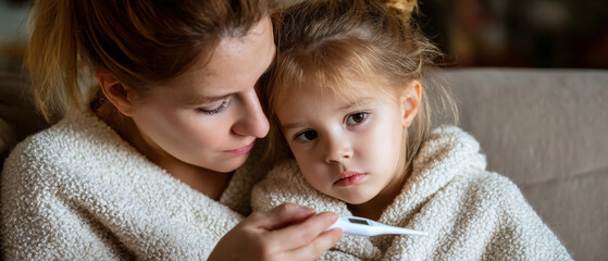 In a serene living room, a mother tenderly measures her sick child’s temperature, providing comfort with a soothing presence in this intimate moment