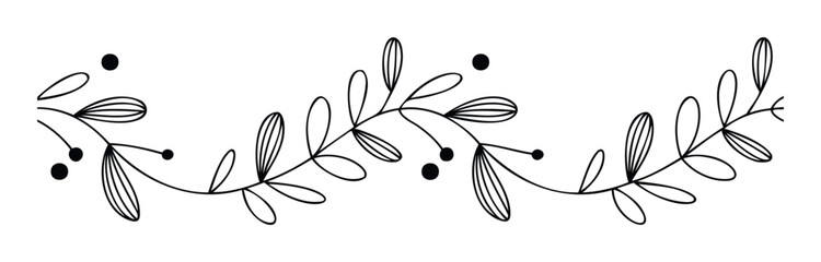 Minimalist hand drawn floral vine border with simple leaves and berries creating an elegant organic divider for wedding invitations or decorative print materials