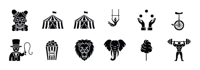A comprehensive set of classic circus entertainment and performance icons, perfect for event promotion, digital graphics, or print materials for childrens events and funfairs.