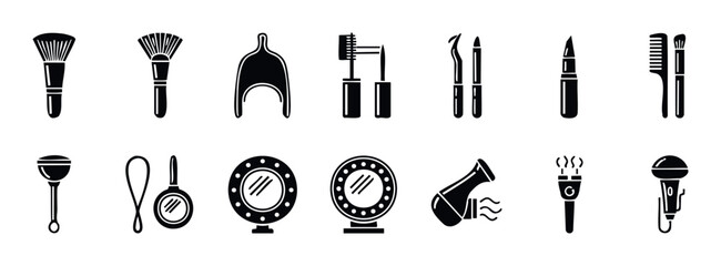 A versatile set of black silhouette icons depicting essential makeup and beauty tools, useful for graphic resources, web elements, or promotional materials for cosmetic and beauty services.