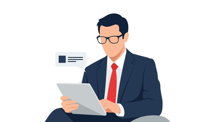 Flat design illustration of a businessman in a dark suit and red tie, focused on a tablet, with a message icon nearby