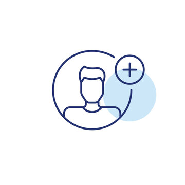 User profile update, paid membership. Adding new people to community. Male user avatar and plus. Pixel perfect, editable stroke vector icon