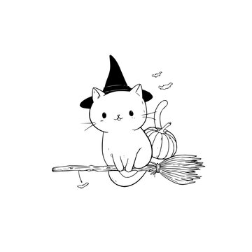 Black and White Cat Wearing Witch Hat Riding Broomstick with Pumpkin