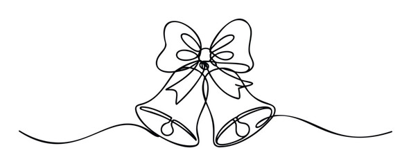 Continuous line drawing of two festive Christmas bells tied with a decorative bow, perfect for holiday season greetings, winter event invitations, or celebratory marketing campaigns.