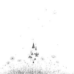 Obraz premium Black and White Castle with Dandelions in Foreground Isolated on White