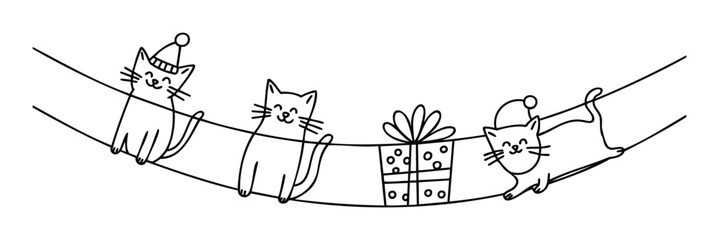 Playful cats with festive hats and a cheerful gift box hanging on a curved line, ideal for holiday greetings, party invitations, or childrens book covers.