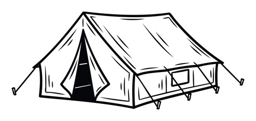 Simple black outline drawing of an outdoor shelter suitable for nature exploration themes, recreational event advertisements, and hiking trip promotions.