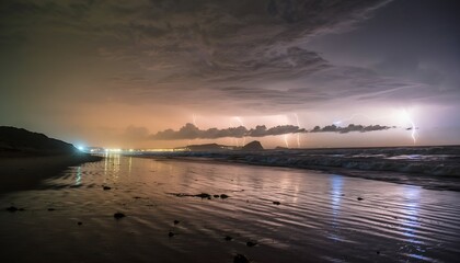 Dramatic coastal night scene lightning strikes over the ocean at dusk