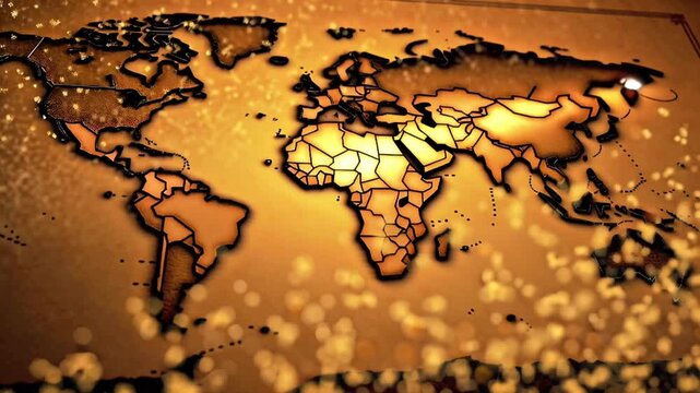 Vintage world map on old stained parchment, time-lapse aging effect with coffee stains, burn marks, wrinkles appearing dynamically, subtle glowing treasure symbols, secret markings, gentle cinematic