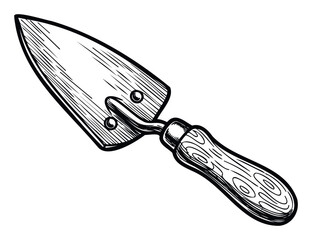 Detailed black outline drawing of a garden trowel with a wooden handle, perfect for horticulture blogs, landscaping service promotional materials, and DIY project guides