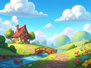 かわいい家とパステルカラーの風景イラスト