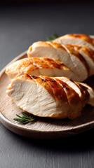 Sliced cooked chicken breast on wooden plate, juicy texture, golden brown surface, healthy meal, closeup, appetizing, dinner