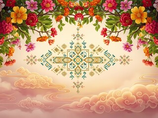 花柄アーチと幾何学模様、淡い背景に浮かぶ夢幻的な美しさ