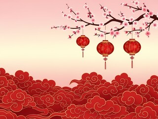 赤い提灯、春の花と雲模様の背景イラスト