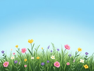 花畑、青空背景にパステルカラーのイラスト