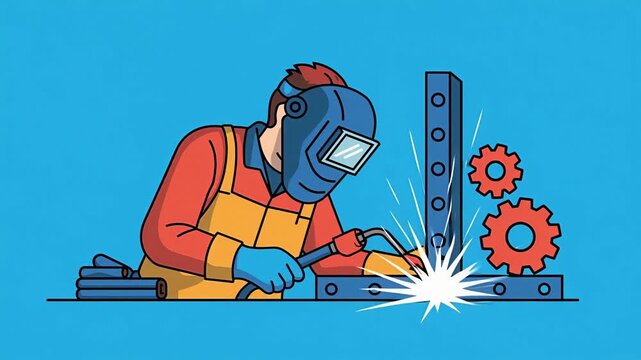 welder working with a torch on a piece of metal flat vector illustration