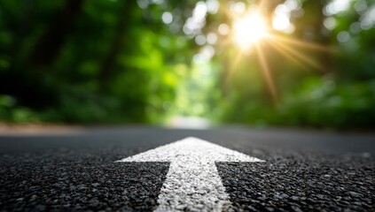 The asphalt road extends toward the horizon, weaving past green forest trees, while a white arrow points the way forward, symbolizing a journey of success, leadership, direction, achievement, and