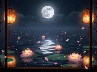 月光が水面に映る蓮の花の幻想的な風景