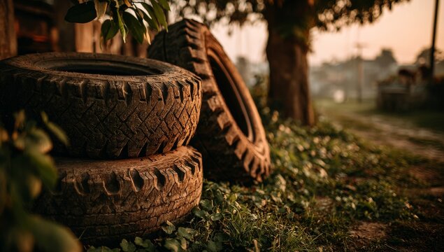 A substantial heap of abandoned car tires lies in a countryside area, contaminating the surrounding natural landscape beside a dirt road; this illegal dumping signifies a major worldwide ecological