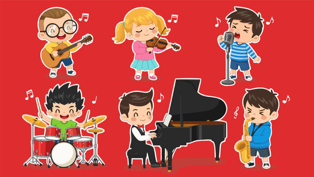Cartoon Children Playing Musical Instruments, A Delightful Vector Illustration for Music Education and Fun