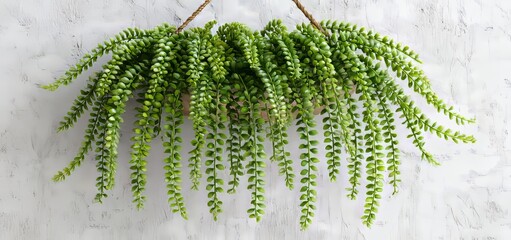 Against a white wall backdrop, the green creeper&rsquo;s long vines and diminutive leaves hang healthily, creating a graceful natural decorative border, a botanical flora component