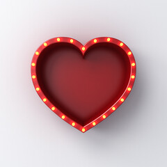 Blank red love heart shape sign box billboard with glowing yellow retro neon light bulbs isolated on white grey wall background with shadow minimal conceptual 3D rendering