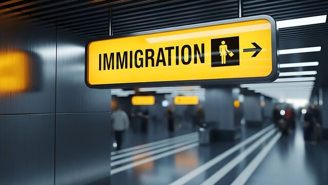 Bright yellow illuminated sign guiding international travelers towards the immigration checkpoint within a modern, bustling airport terminal, signifying arrival and border control