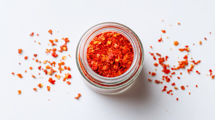Crushed red chili flakes in glass jar with scattered pieces, viewed from above, adding spice to cooking