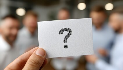 In a meeting, someone holds up a card with a red question mark; coworkers in the office discuss project difficulties, searching for answers to a teamwork challenge amid uncertainty