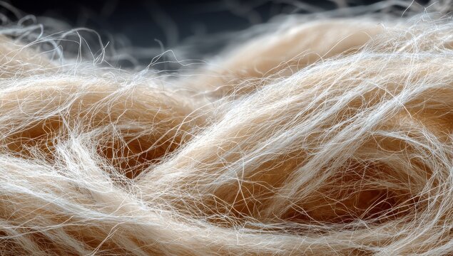Fluffy, white polyester fibers are loosely piled, providing a soft, light raw material for industrial textile manufacturing