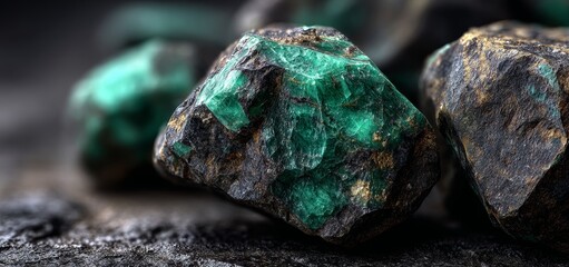 A cluster of rough, uncut emeralds rests on a dark surface. Their vivid green color reflects light, showing crystalline facets and natural texture. These raw mineral treasures await cutting for fine